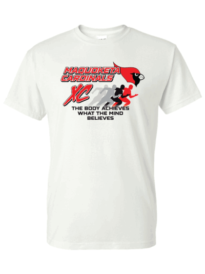 2025 Maquoketa Cardinals High School Cross Country Adult White Gildan DryBlend T-Shirt w/ Custom Name on Back