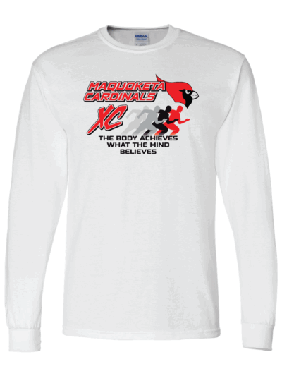 2025 Maquoketa Cardinals High School Cross Country Adult White Gildan DryBlend 50/50 Long Sleeve T-Shirt w/ Custom Name on Back