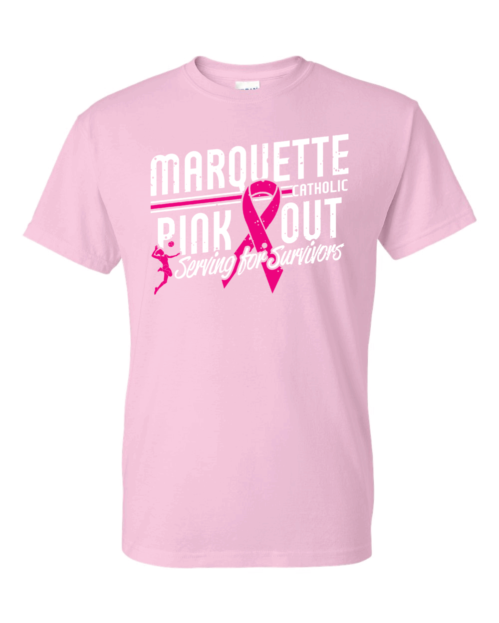 2025 Marquette Catholic Defenders Volleyball Pink Out Fundraiser Youth Light Pink Gildan Heavy Cotton T-Shirt
