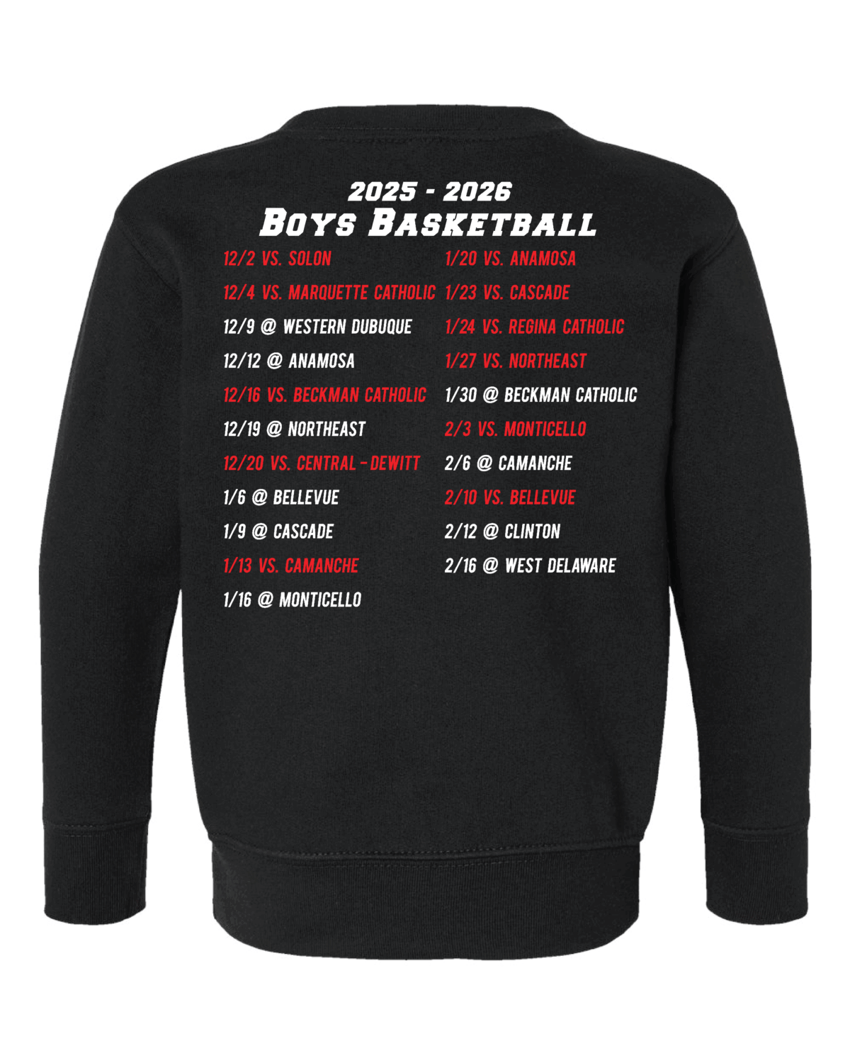 2025 Maquoketa Cardinals Boys Basketball Schedule Fundraiser Toddler Black Rabbit Skins Fleece Crewneck Sweatshirt - Image 2