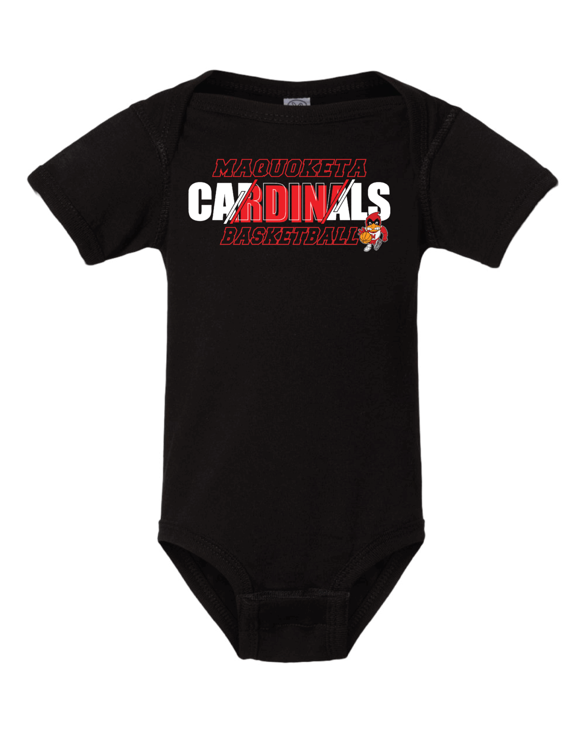 2025 Maquoketa Cardinals Boys Basketball Schedule Fundraiser Infant Black Rabbit Skins Fine Jersey Onesie