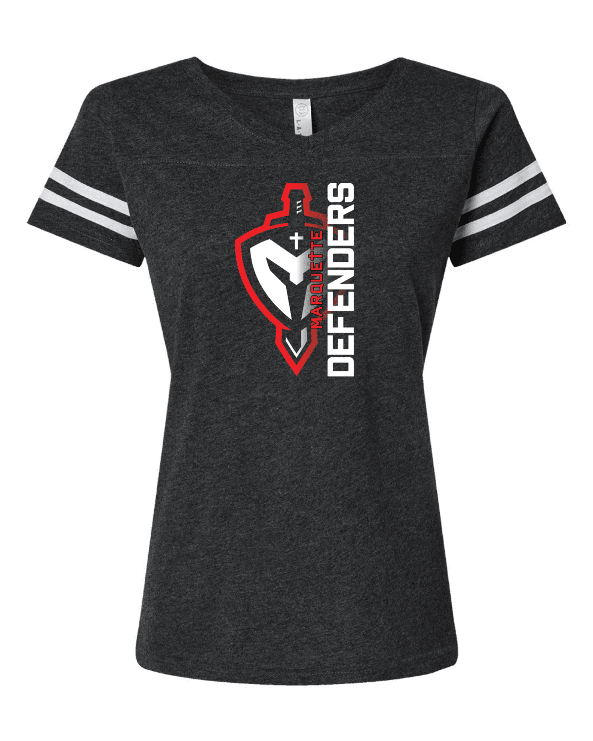 Marquette Catholic Defenders PTO Christmas Fundraiser Women's LAT Football V-Neck Fine Jersey T-Shirt (2 Color Options) - Image 2