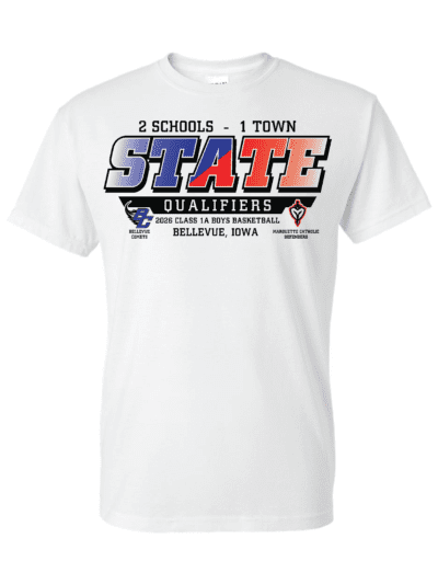 Extra 2 Schools 1 Town Bellevue Comets & Marquette Catholic Defenders Boys State Basketball Adult Gildan DryBlend T-Shirt